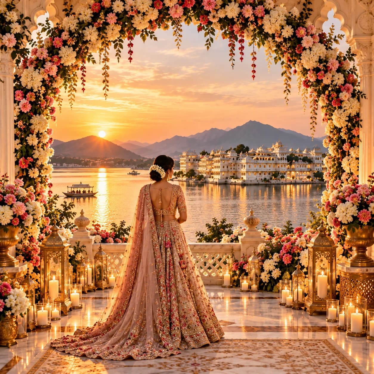 Bride in a floral arch looking at the lake palace, plan your wedding with Rasm Weddings
