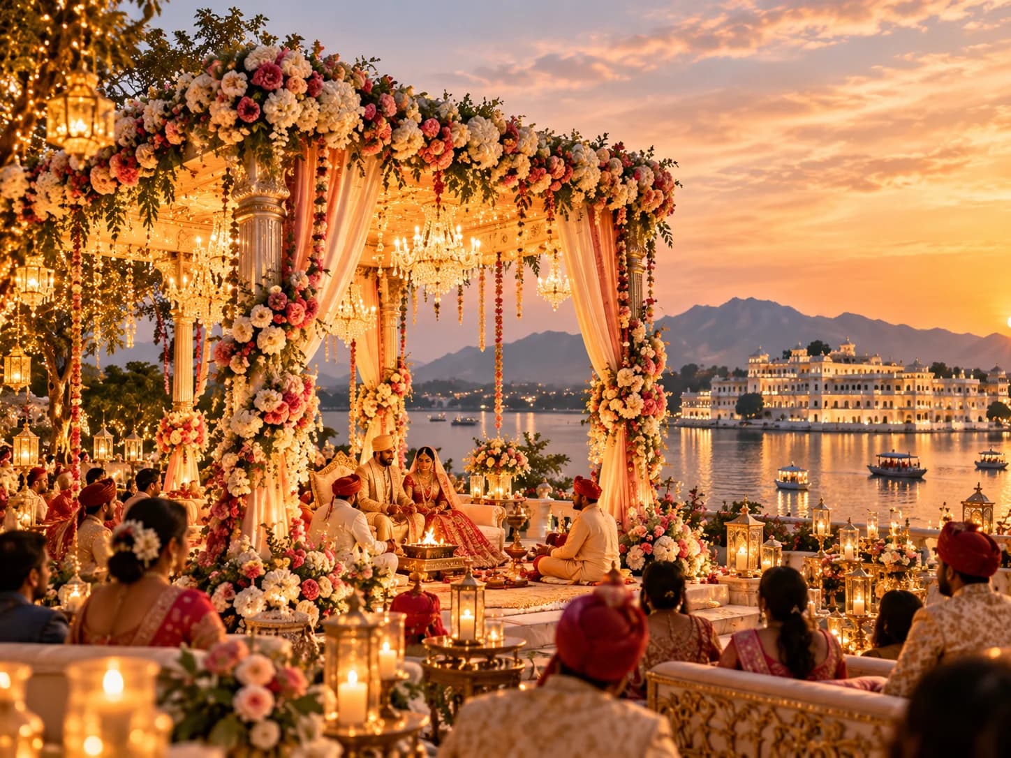 Lakeside Indian wedding ceremony with floral mandap and guests