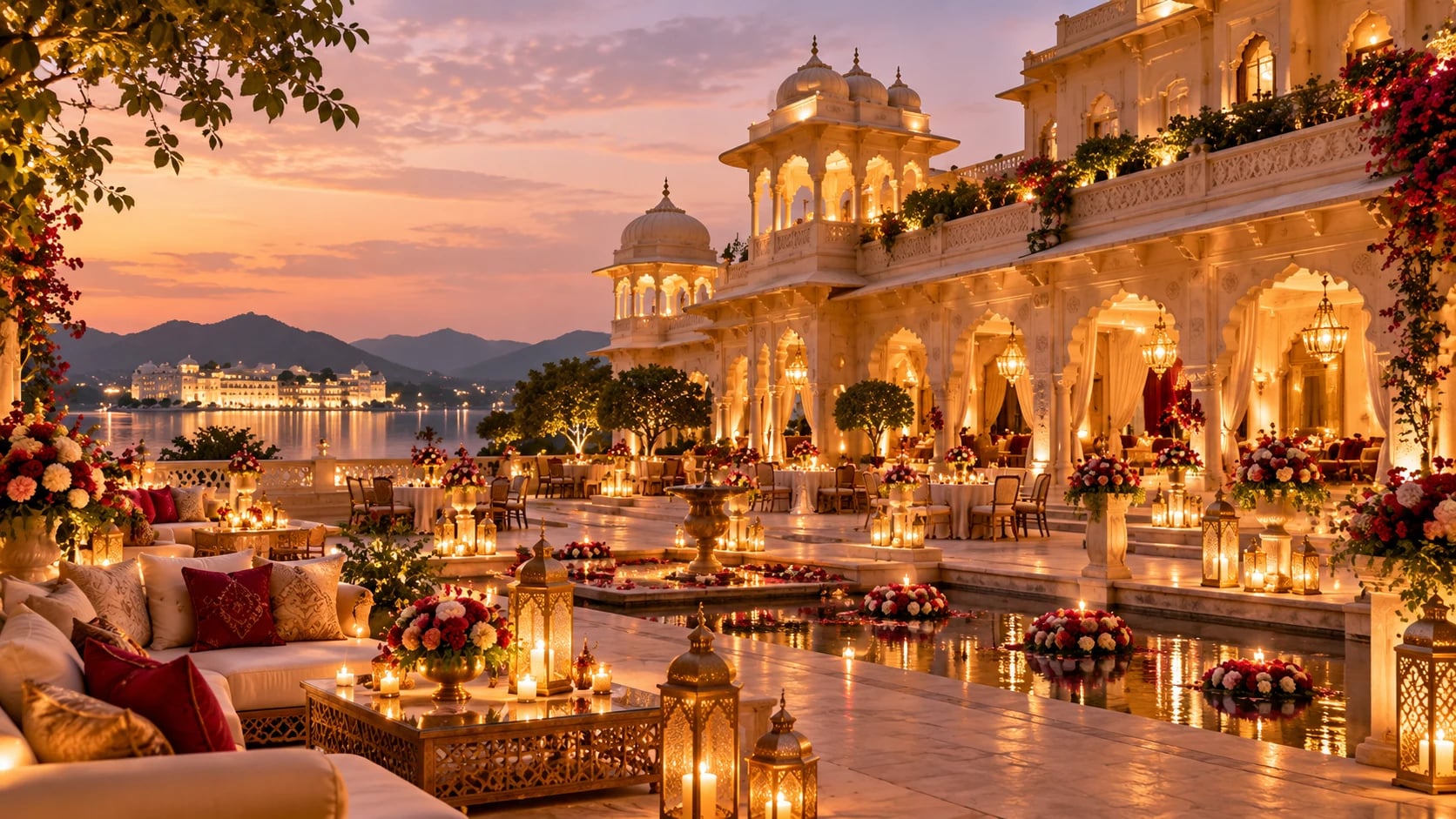 Palace courtyard at dusk lit for a wedding celebration in Rajasthan
