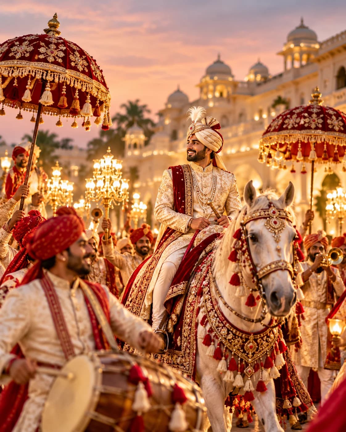 Groom arriving on a decorated horse with dhol players, royal baraat