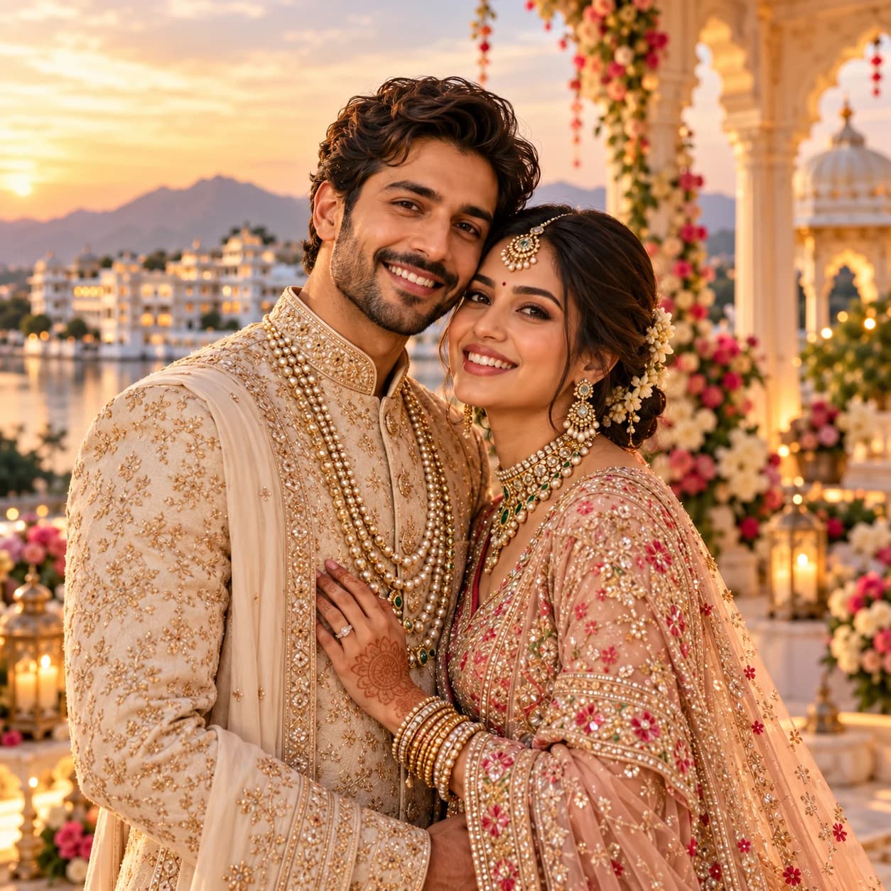 Wedding couple on a lakeside palace terrace, wedding photography in Udaipur